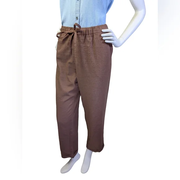 Hannah Canvas 100% Linen Brown Pants |  Elastic Waist Straight Leg | XL - Picture 4 of 9
